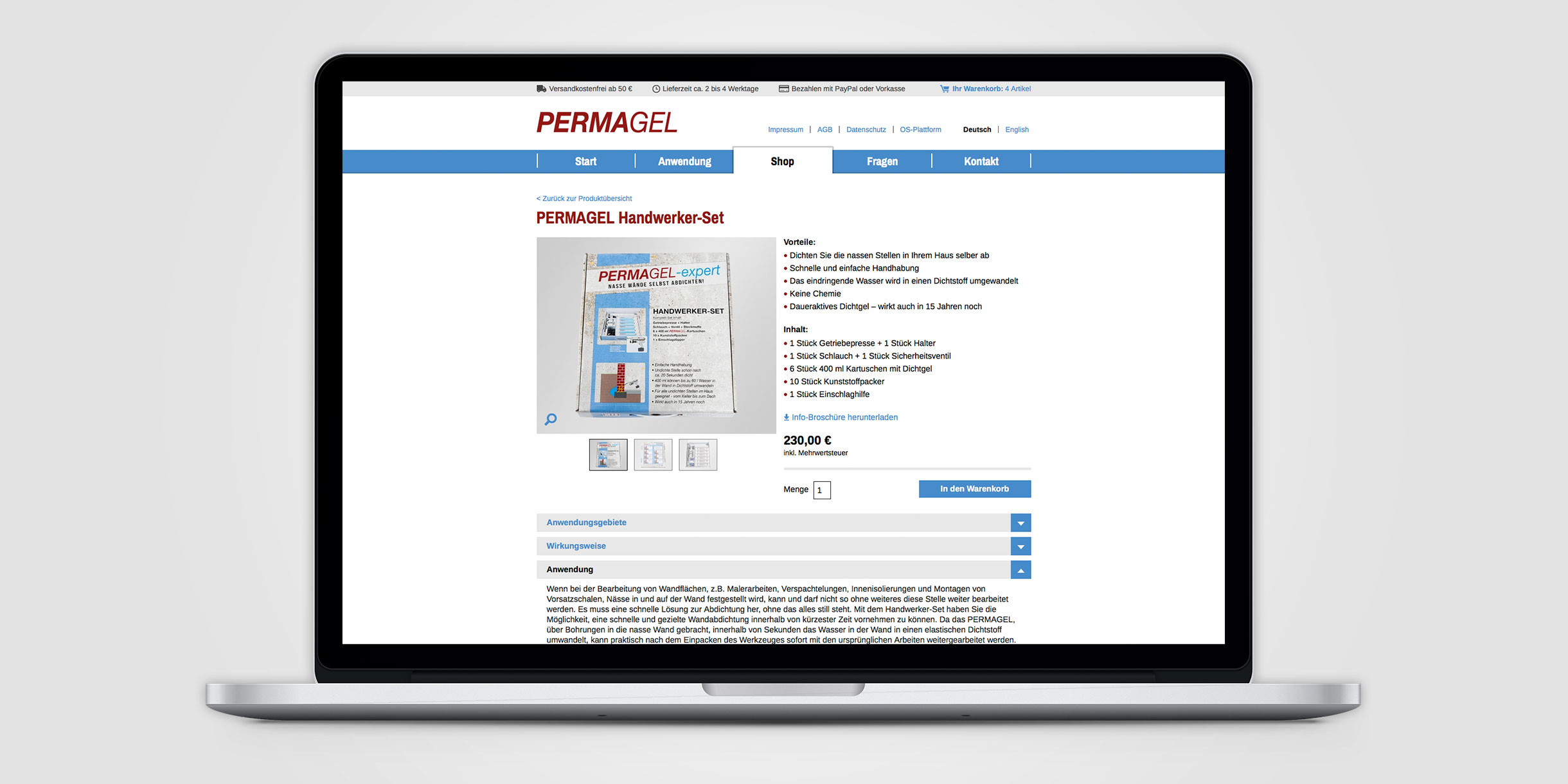 Permagel Webauftritt - Produktdetailseite
