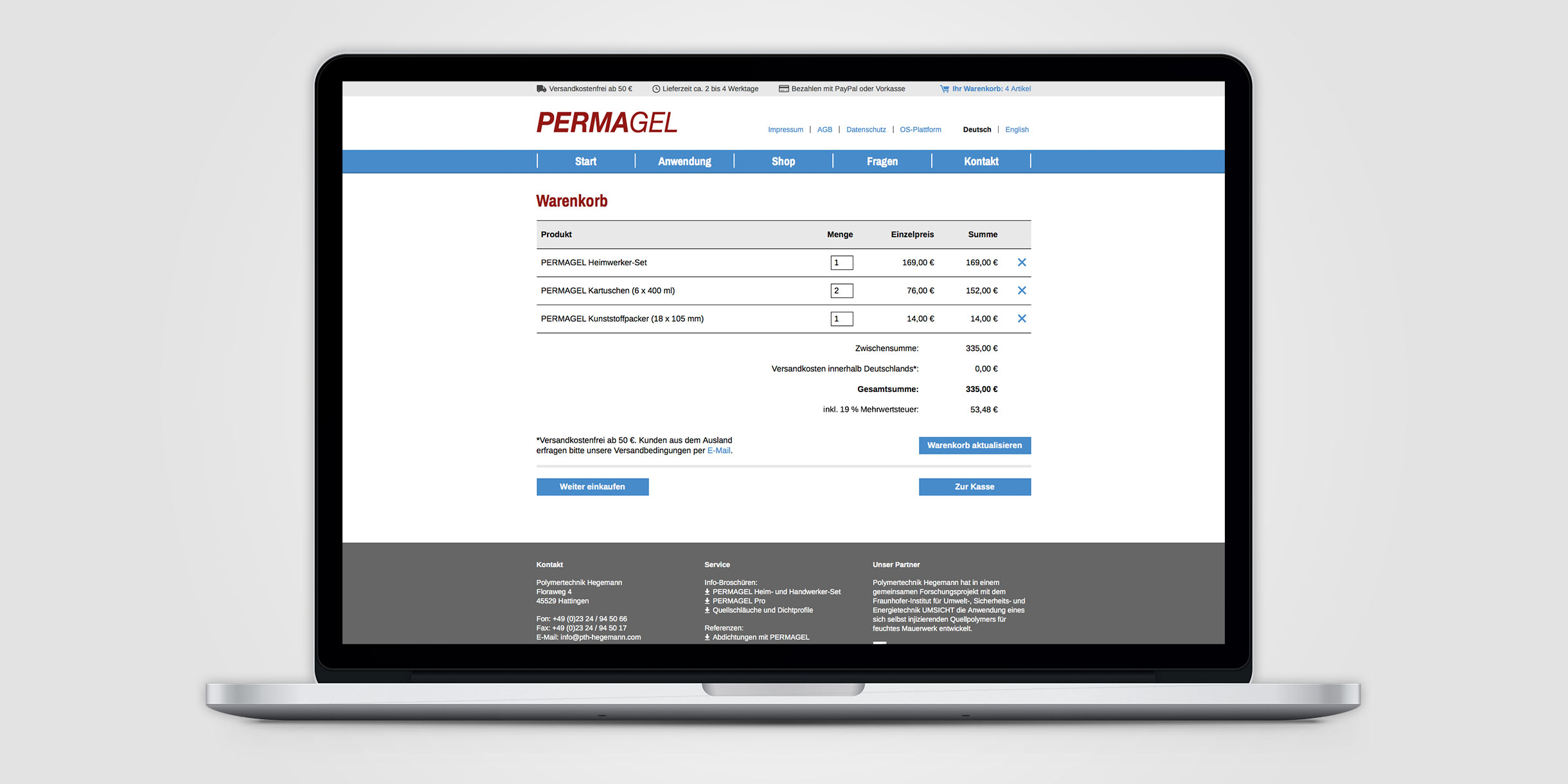 Permagel Webauftritt - Warenkorb