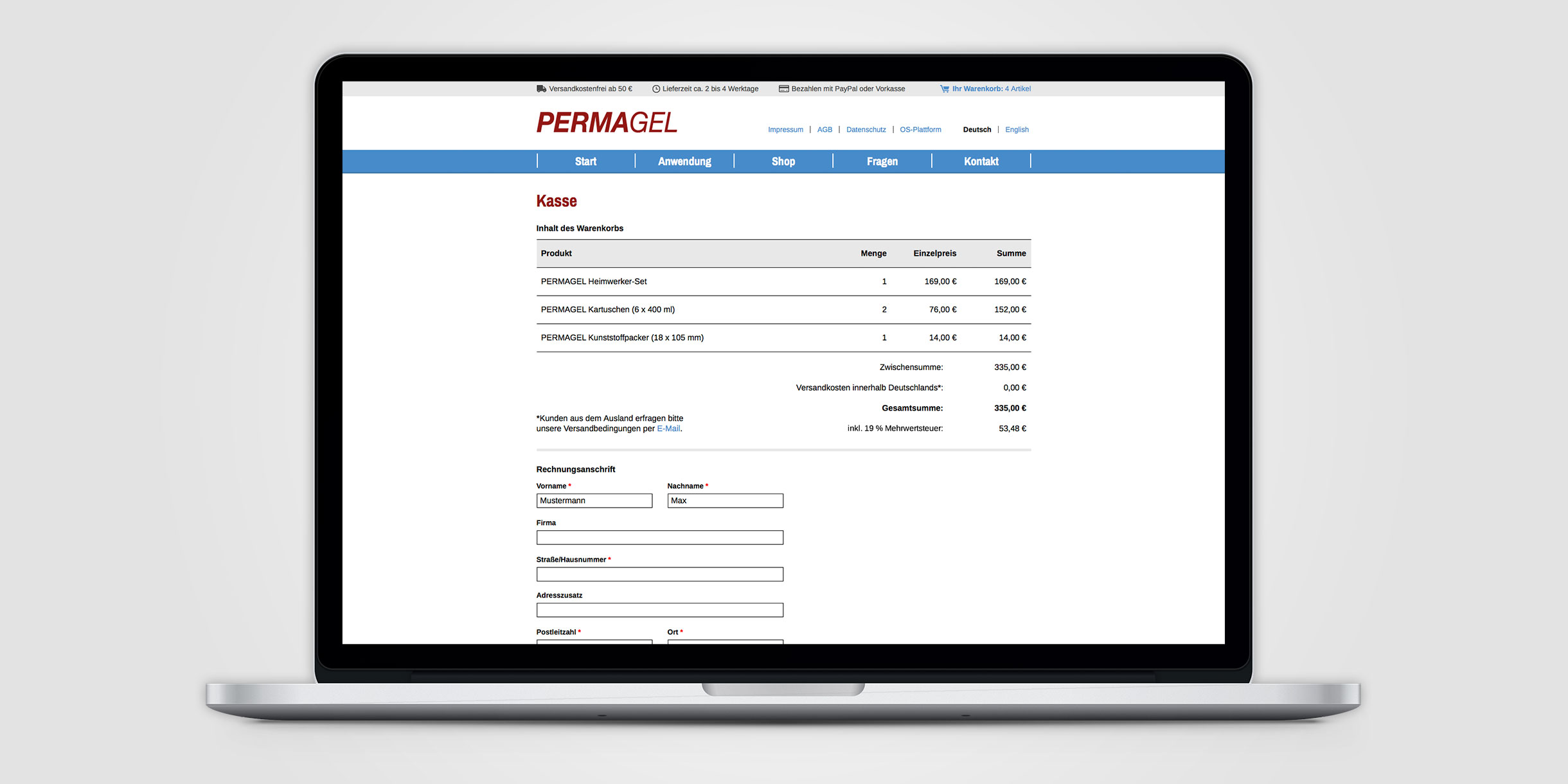 Permagel Webauftritt - Kasse